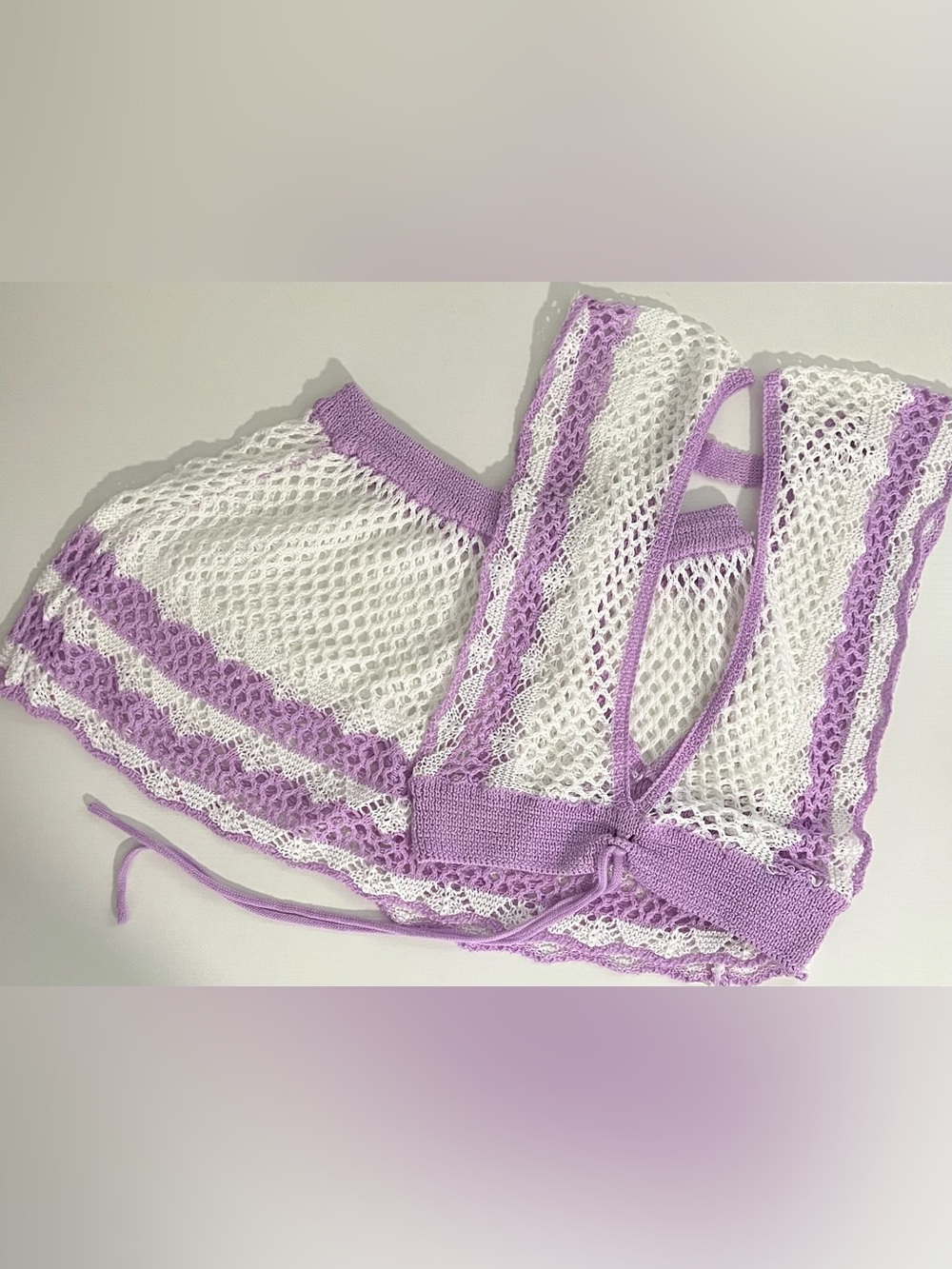 White and Lavender Crochet Swim Cover Up - Size Medium